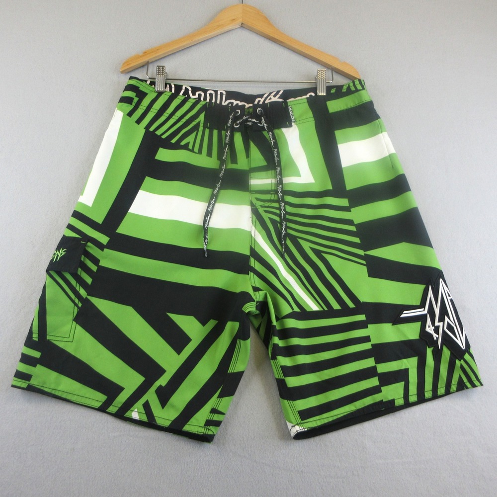 Maui and Sons Boardshorts Mens 36 Green Black White Geometric Surf Swim 1365
